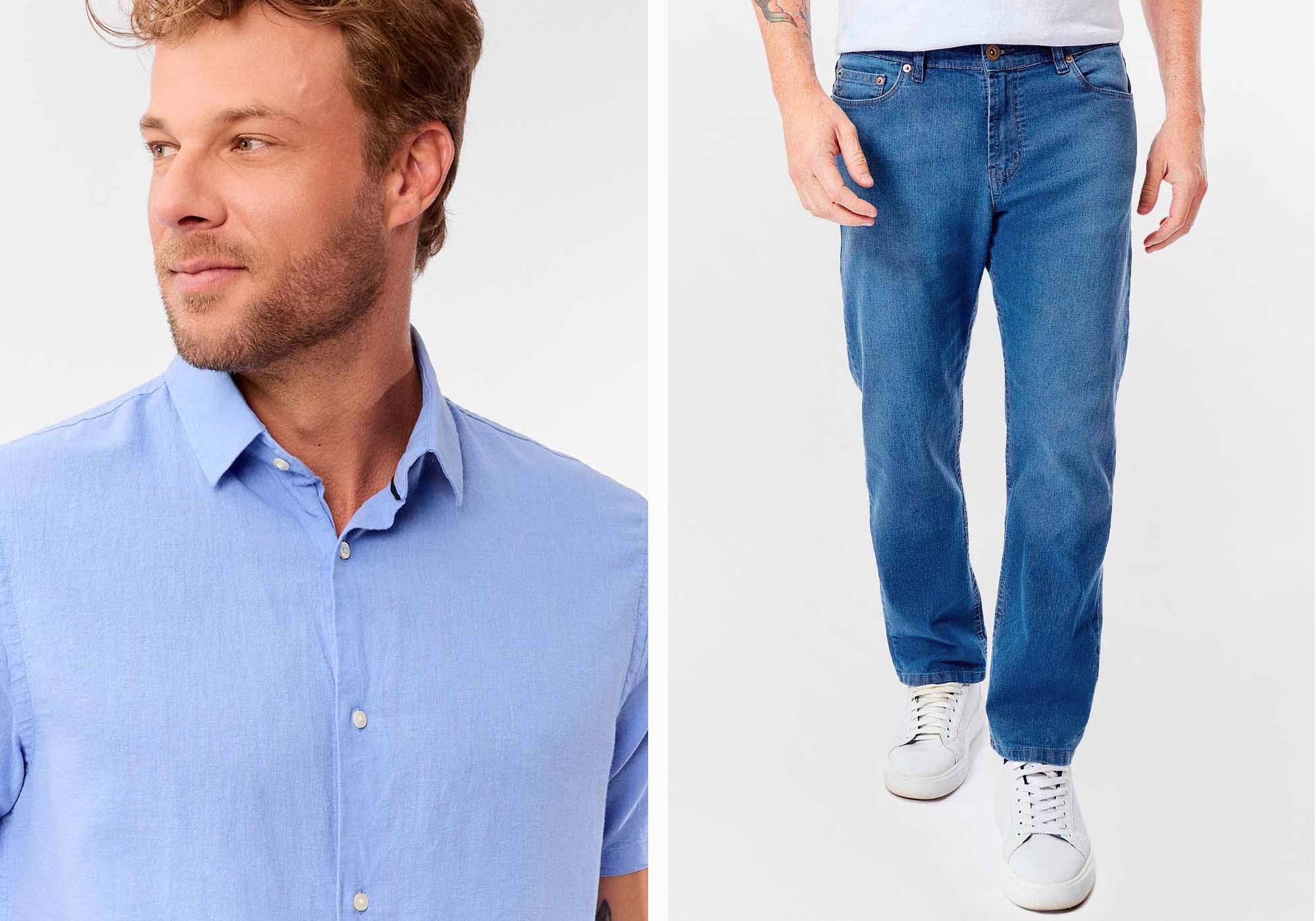 Homem com camisa azul e calça jeans clara