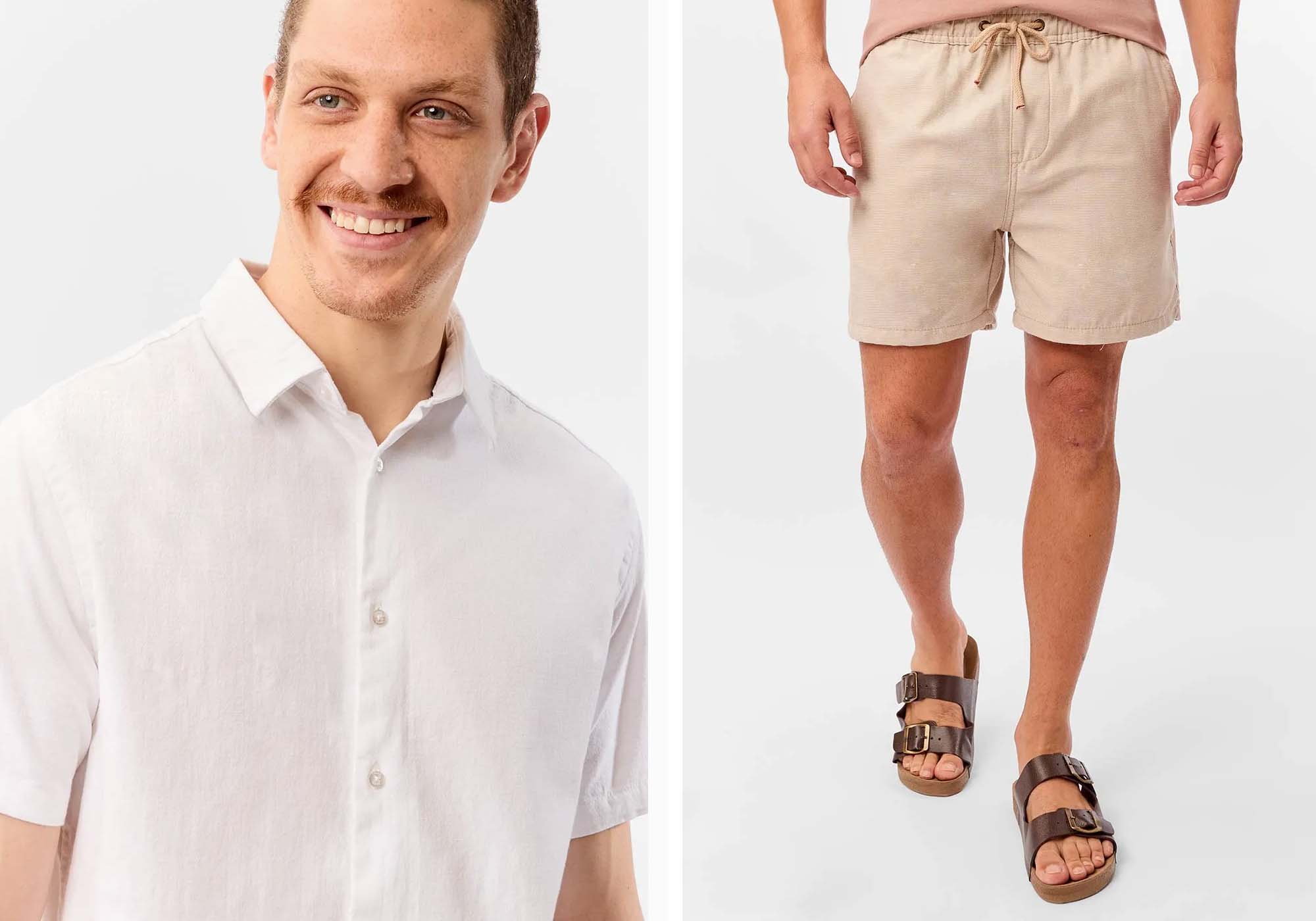 Homem sorrindo com camisa branca e bermuda clara.