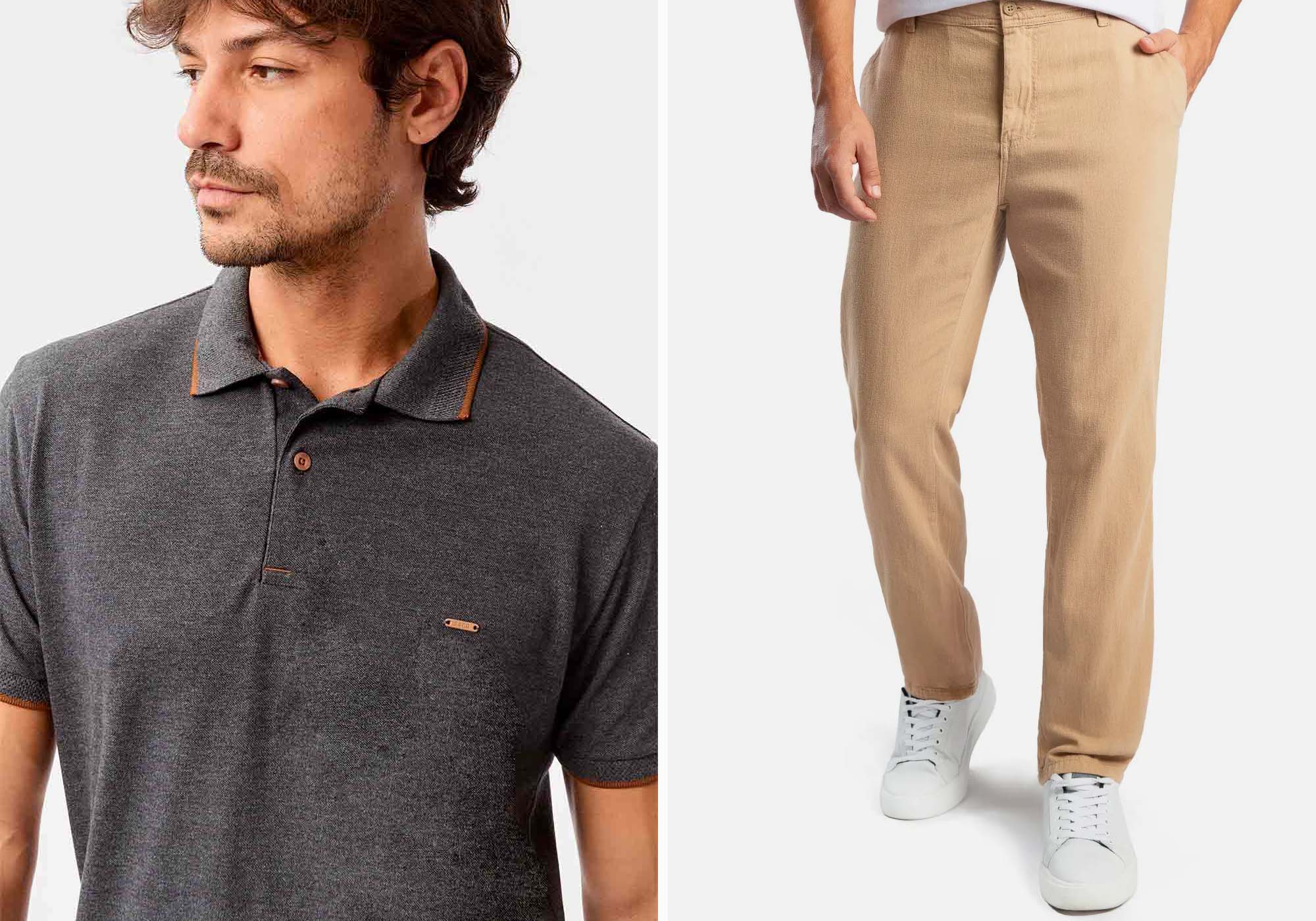 Homem usando polo cinza e calça bege.