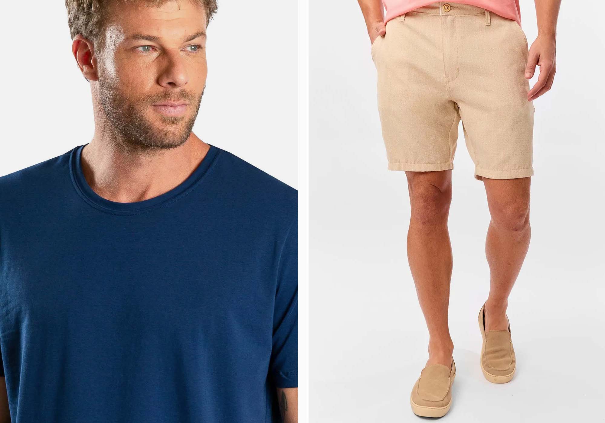 Homem usando t-shirt azul e shorts bege