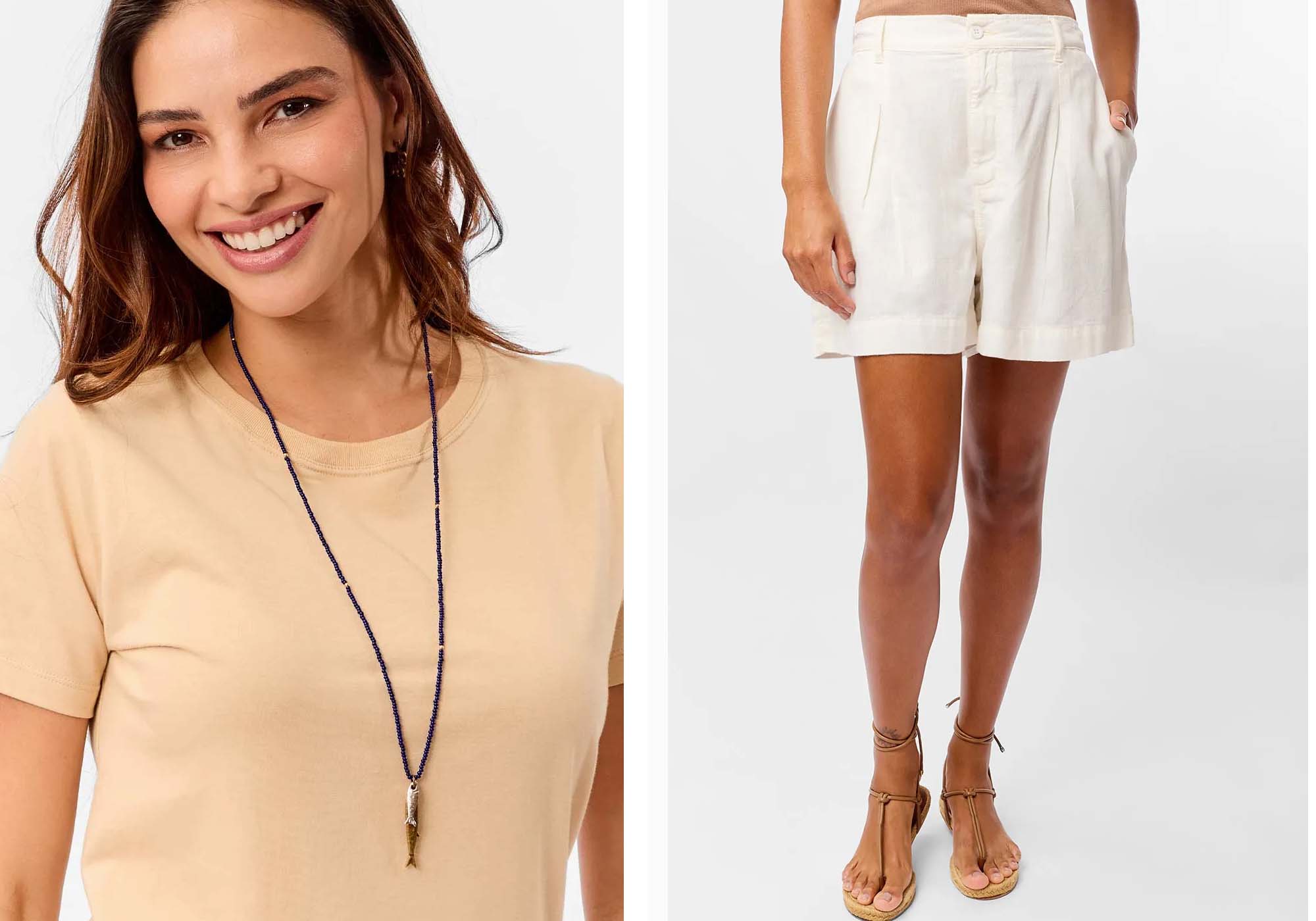 Modelo sorridente usando camiseta e bermuda clara