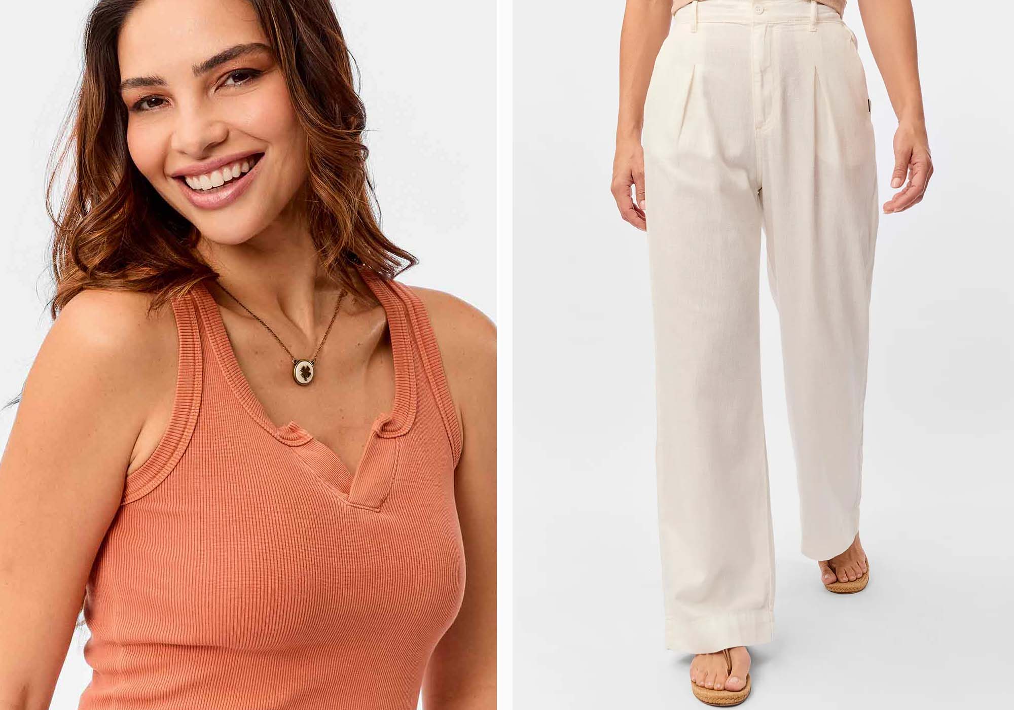 Mulher sorrindo usando blusa laranja e calça branca