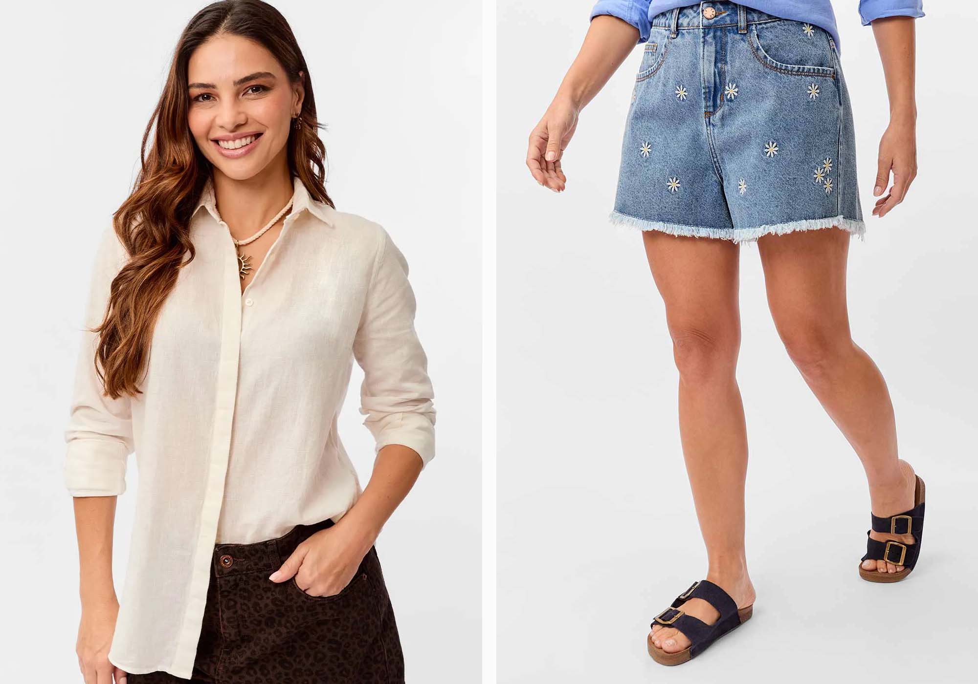 Mulher sorrindo com camisa clara e saia jeans