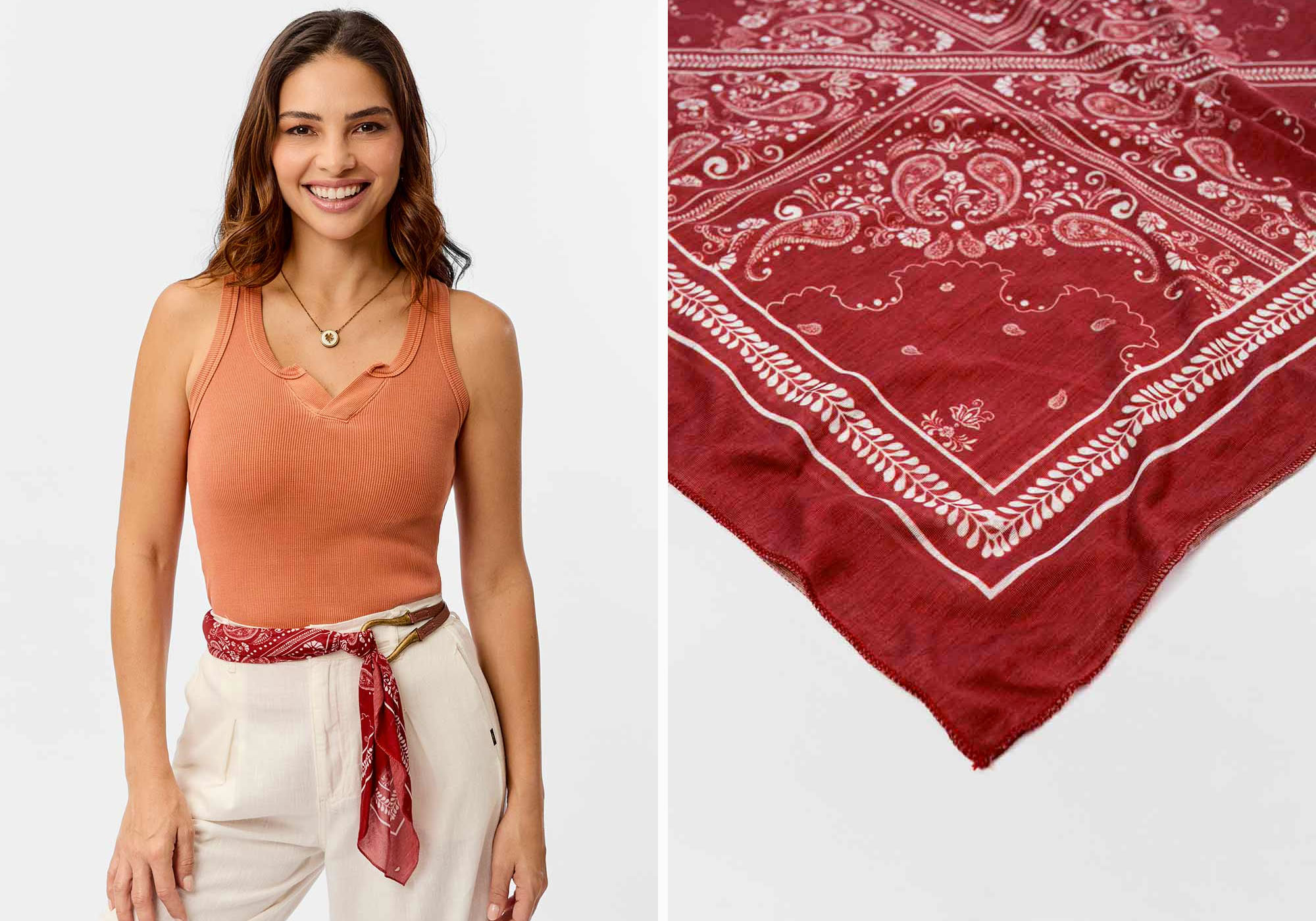 Blusa laranja com lenço vermelho de estampas