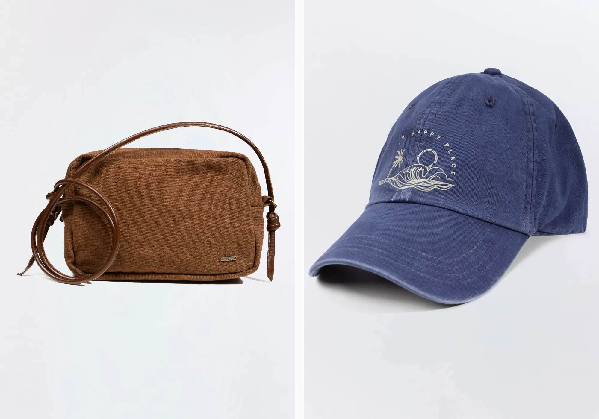 Bolsa marrom e boné azul com estampa tropical.