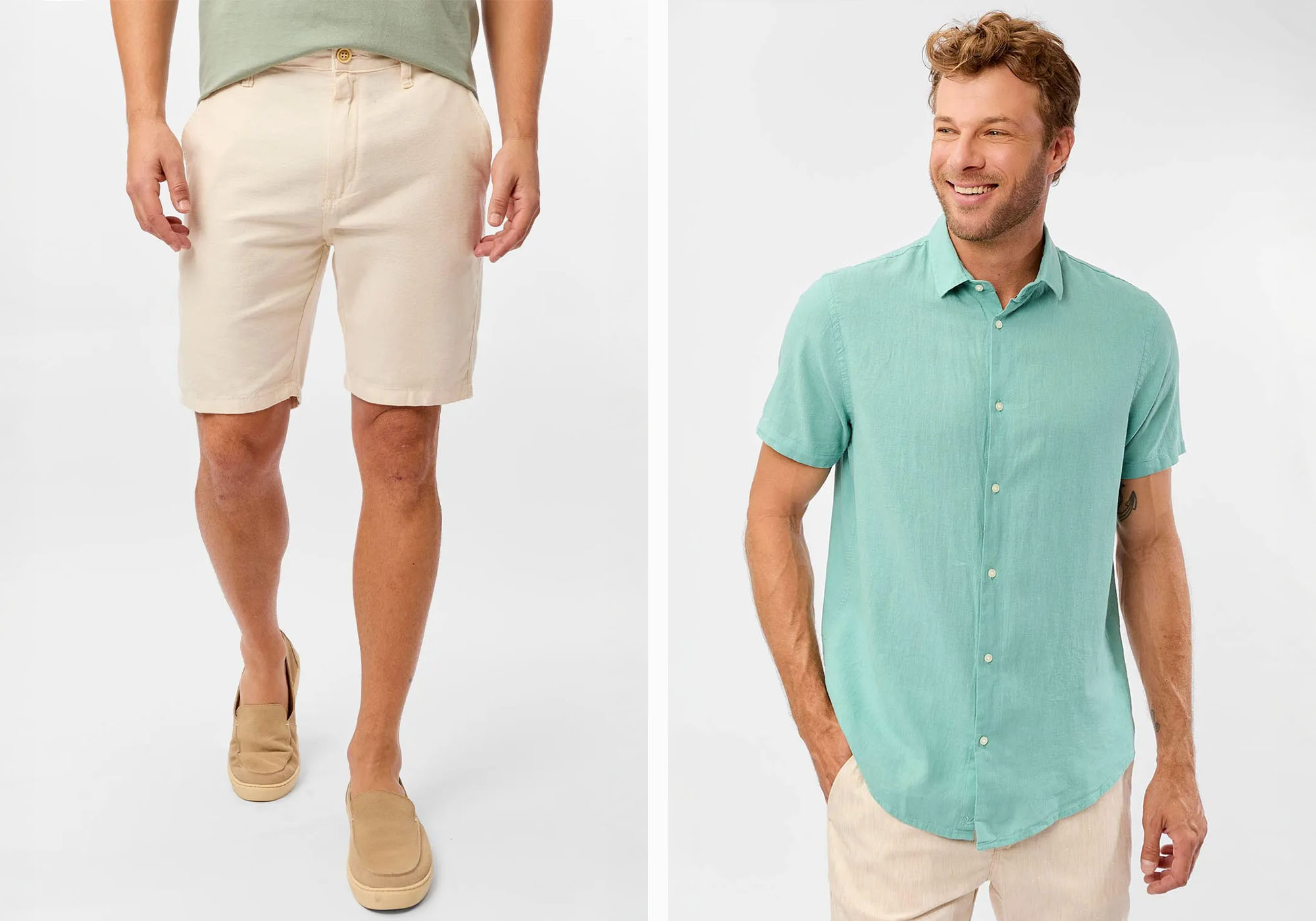 Modelo masculino com camisa verde e bermuda clara
