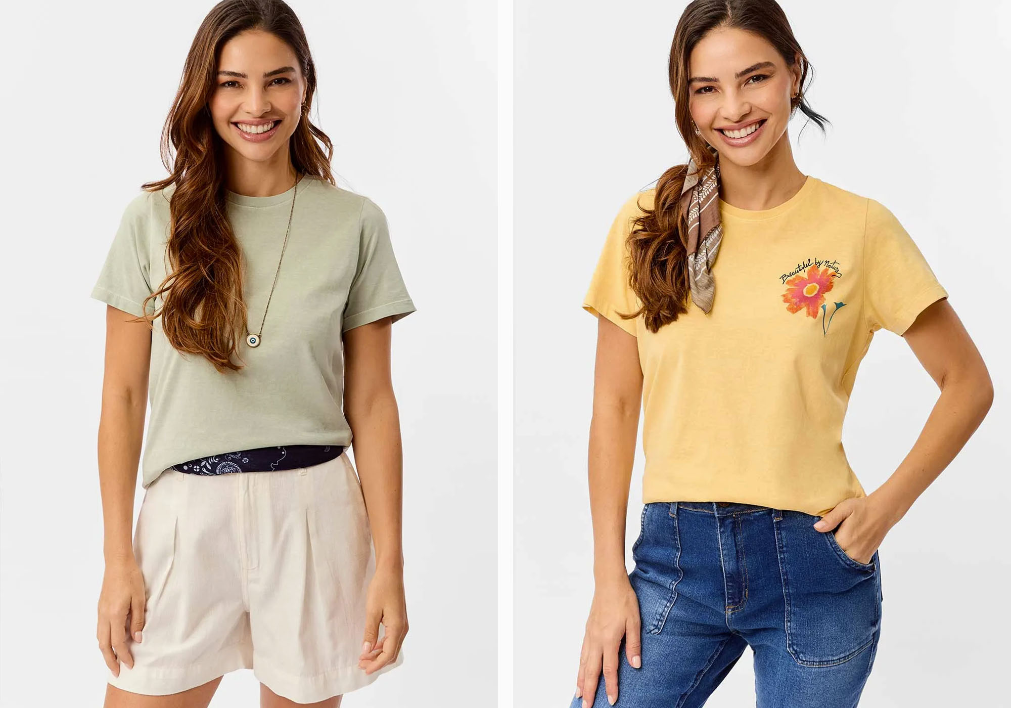 Modelos usando camisetas coloridas.