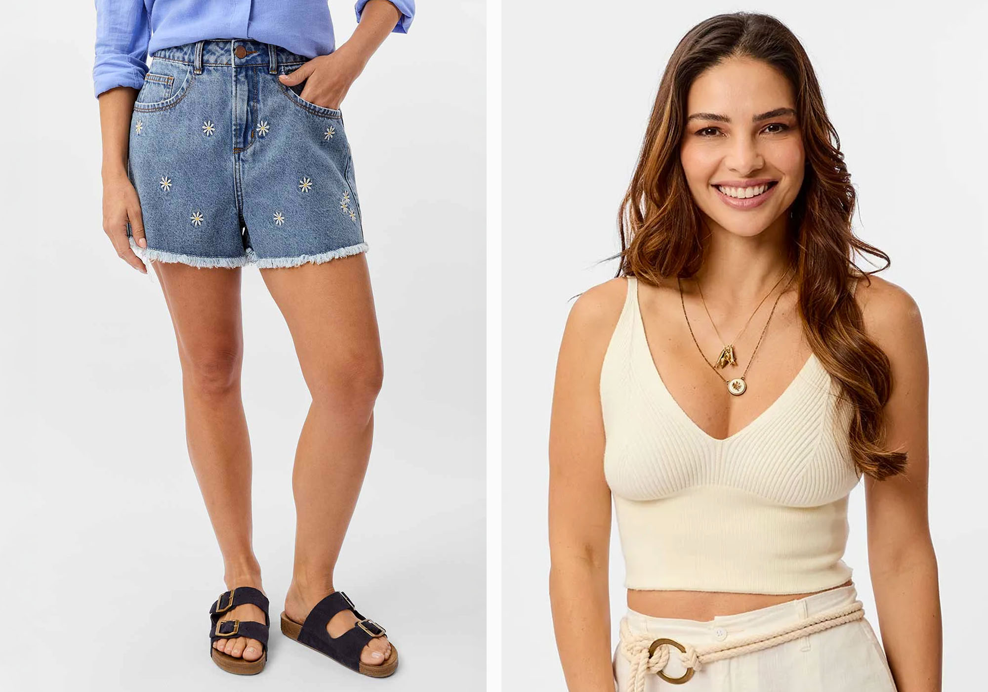 Mulher usando shorts jeans e blusa clara