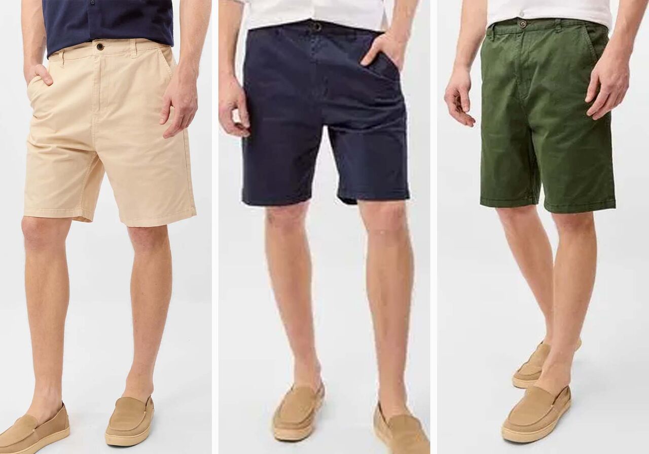 Bermudas masculinas em cores variadas: bege, azul e verde.