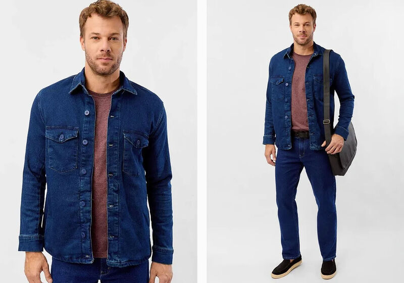 Homem usando jaqueta jeans azul e camiseta