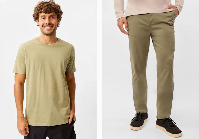 Modelo masculino usando camiseta e calça verde